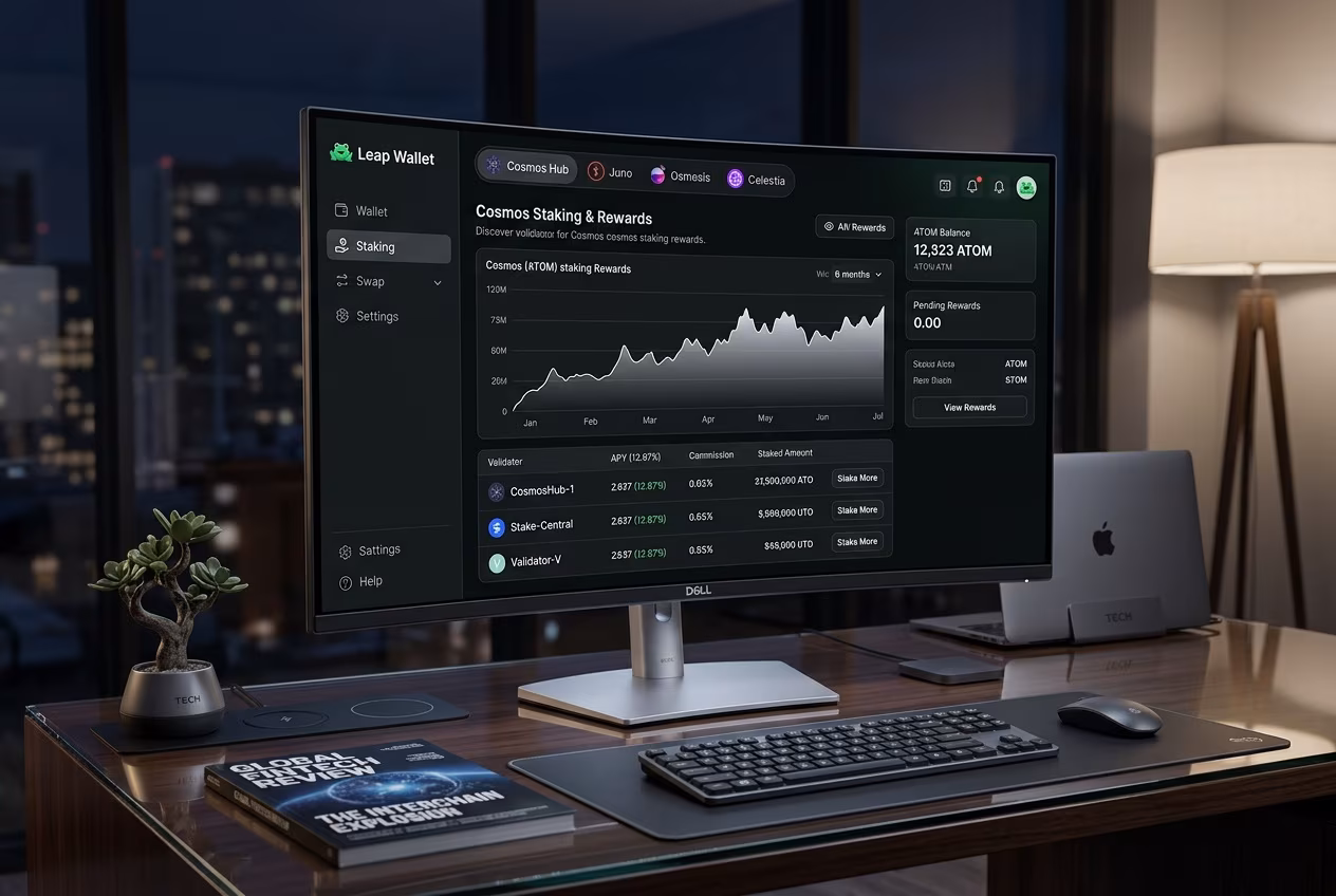 Leap Wallet interface showing Cosmos staking